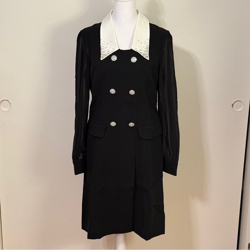 Light Weight Black Acetate Double-Breasted A-line Dress with Embellished Collar